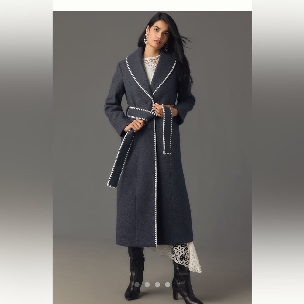 Anthropologie Avec Les Filles Blanket-Stitch Belted Shawl-Collar Coat